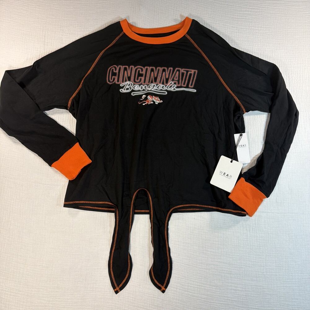 Women's WEAR by Erin Andrews Bengals Long Sleeve Tie Front Tee Black Orange L